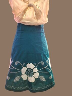 Teal Floral Embroidered A-Line Skirt